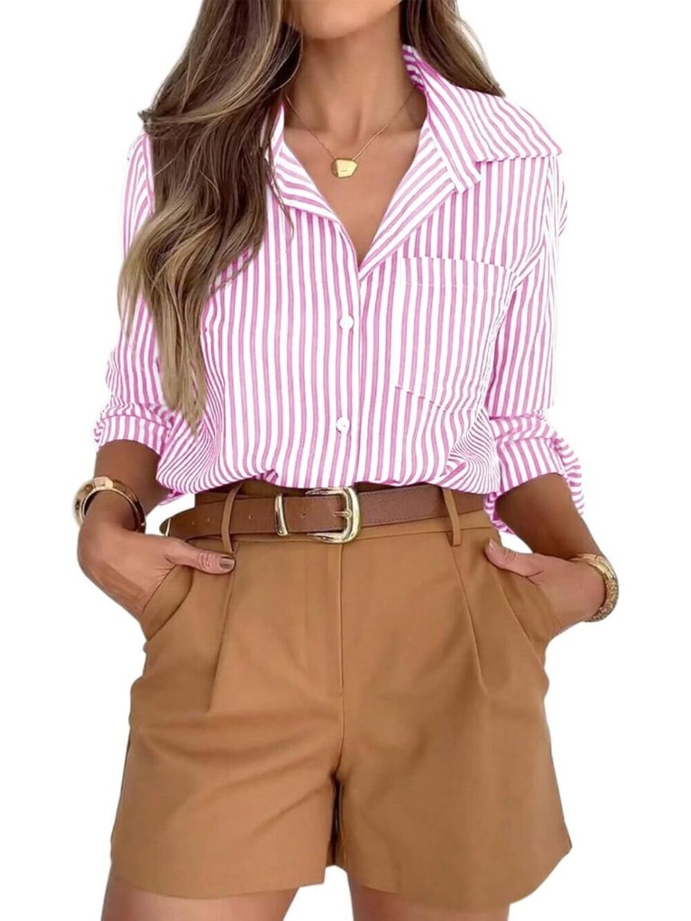 Women's Striped Button Down Dress Shirts Long Sleeves with Pocket Pink